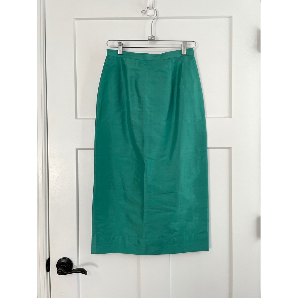 Jim Thompson Vintage Emerald Green 100% Thai Silk Pencil Midi Skirt Size 10 - Picture 3 of 9